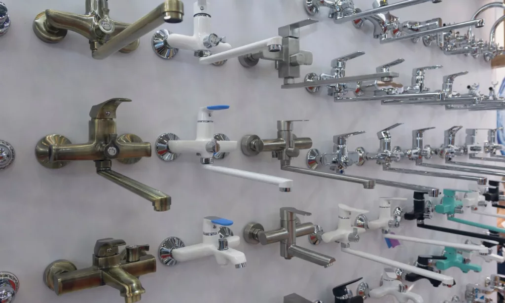 A large selection of plumbing fixtures at a hardware or plumbing store